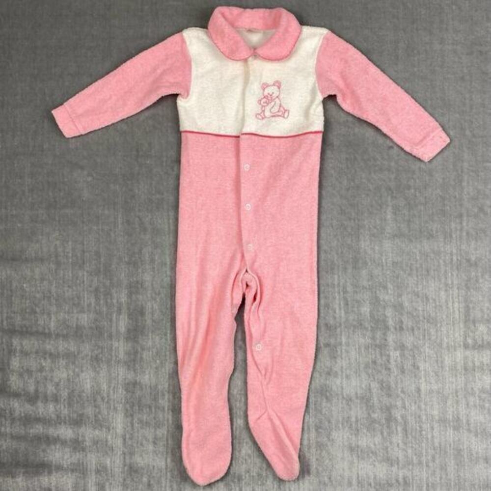 Vtg 80s Bonnie Brae Pink Terrycloth One Piece Footed Sleep XL 40lb 12-18 Mos